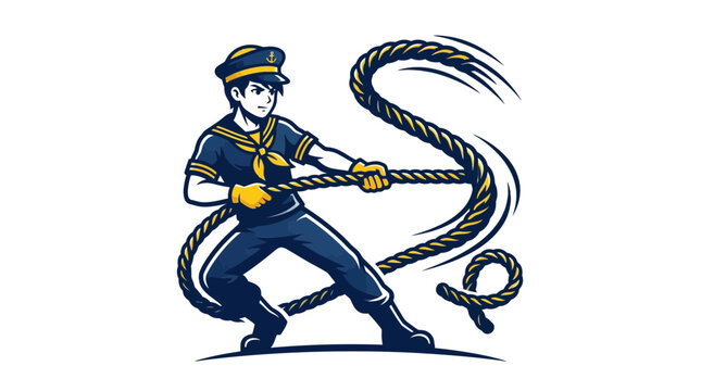 Sailor Pulling Nautical Rope Mascot Vector Illustration
