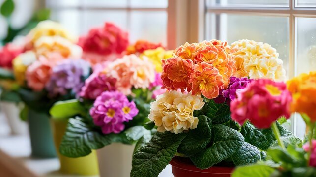 Blooming primrose flowers in colorful pots lined up neatly on a bright windowsill.
