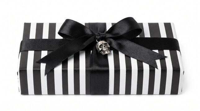 Elegant black and white striped gift box with ribbon and skull charm