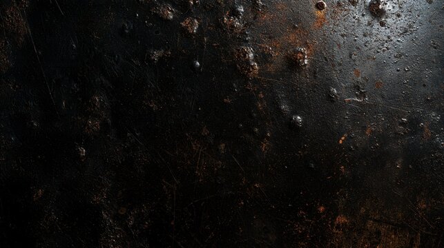 Dark Halloween textures cover a sheet of hammered iron with shallow dents, scratched black coating, scattered rust freckles, irregular metallic highlights