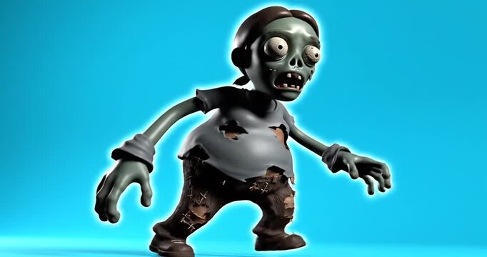 3d animated cartoon zombie character walking on blue background.4K Video 60 fps
