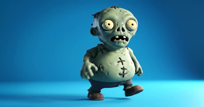 3d animated cartoon zombie character walking on blue background.4K Video 60 fps