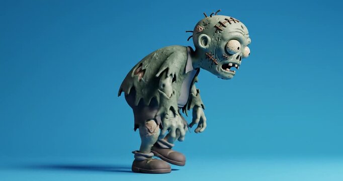 3d animated cartoon zombie character walking on blue background.4K Video 60 fps