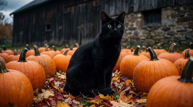 A sleek black cat sitting gracefully in a pumpkin patch with autumn leaves for a festive halloween seasonal scene