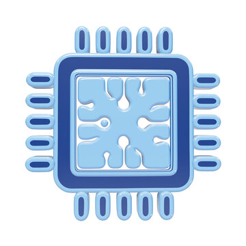 3D microprocessor icon with blue and light blue colors and rounded pin connections representing artificial intelligence technology isolated on a transparent background