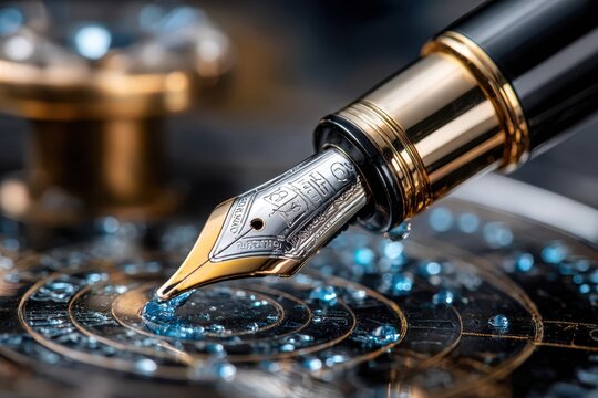 Elegant fountain pen poised above a decorative surface with blue beads in an artistic arrangement