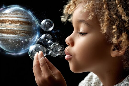 Child creating bubbles with jupiter in the background in a dreamy setting