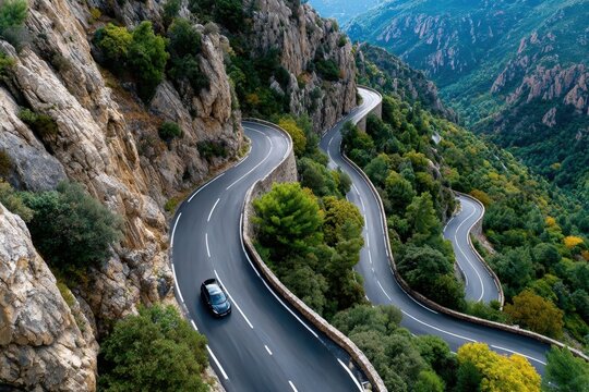 Winding Mountain Road with a Lone Car