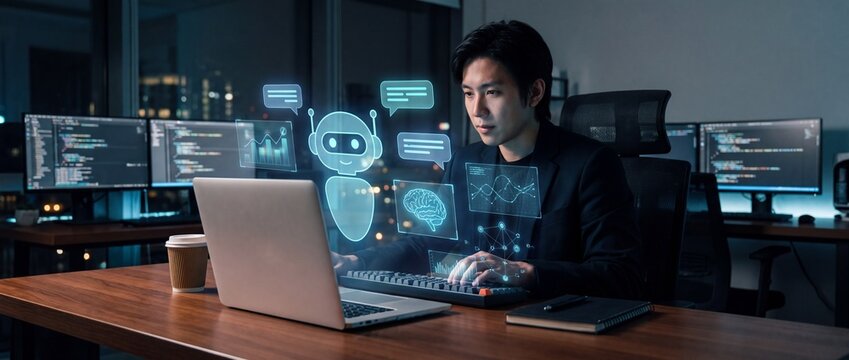 Asian software developer working on artificial intelligence project