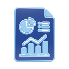 Obraz premium 3D render of a blue document icon featuring financial charts, pie graphs, and data analytics symbols for business reporting isolated on a transparent background