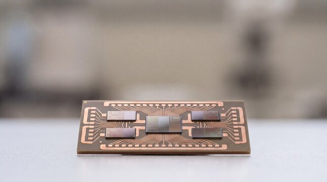 Close-up macro shot of a gold-plated microelectronic sensor module with integrated components on a white surface, representing advanced semiconductor technology and precision engineering