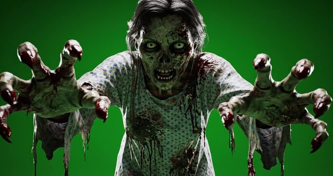 Zombie Shambling Towards Camera on Green Screen - A decaying zombie with tattered clothing slowly approaches the camera, arms outstretched in a menacing pose. 4K Video 60 fps