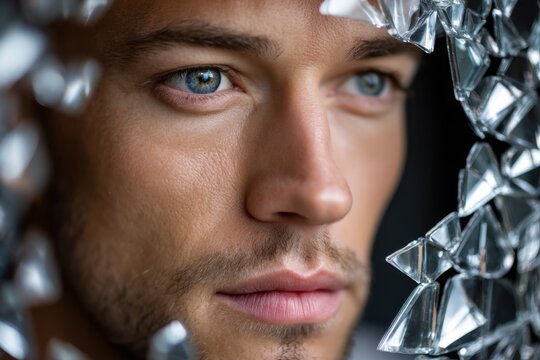 Mans Face Behind Broken Glass Close Up