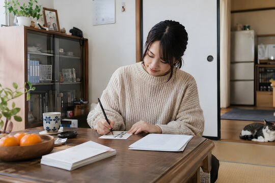 座卓で年賀状を書く女性
