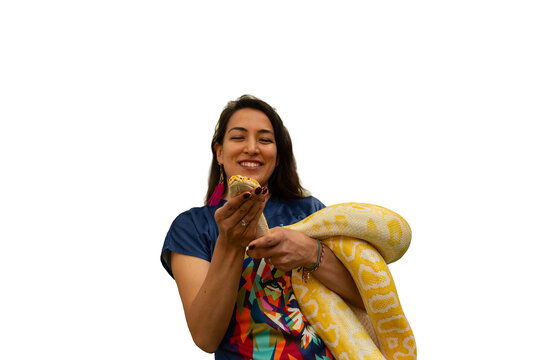 A woman smiling as she holds a large yellow albino python in front of her on a transparent background.