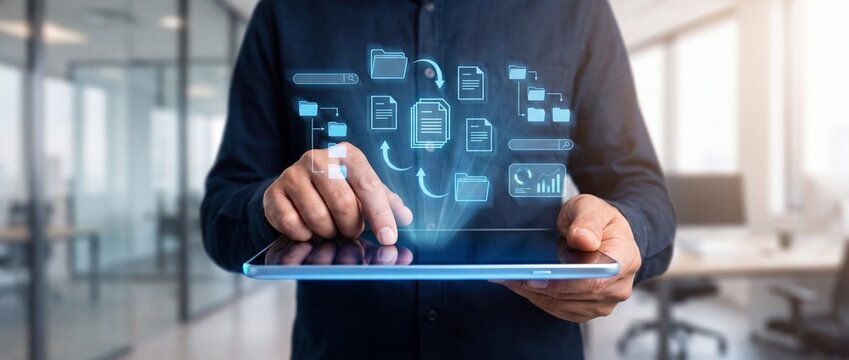 Businessman using tablet with digital file management interface in