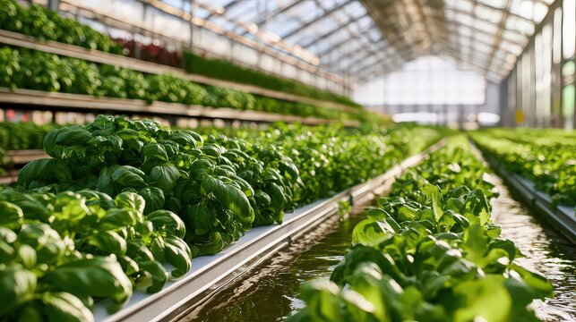 Multiple tiers of hydroponic plant beds filled with lush green crops inside a large agricultural greenhouse.