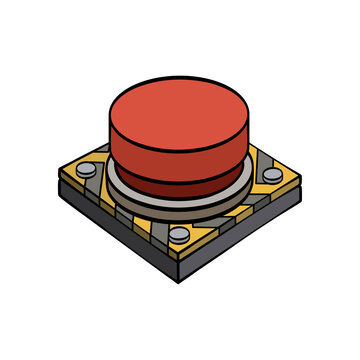 Isometric red arcade game button controller illustration with yellow base, gray controls, bold outlines, and isolated transparent background graphic
