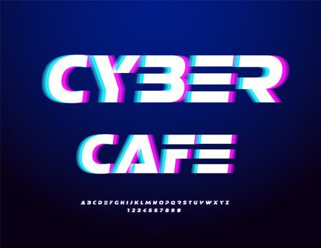 Vector Digital board Cyber Cafe. Bright Glitched Font. Unique set of Cool Alphabet Letters and Numbers.