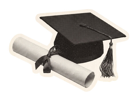 Graduation cap and scroll diploma sticker with black halftone dot pattern on cream background for academic achievement designs