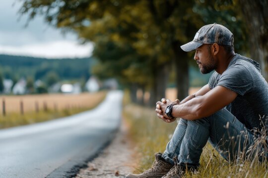 Man resting by a quiet country road on a cloudy day in rural landscape