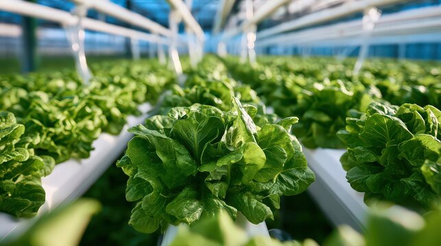 Rows of fresh green leafy vegetables cultivated using advanced hydroponic systems inside a greenhouse.