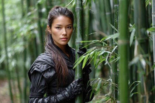 Warrior in black attire stands amidst towering bamboo during a tranquil afternoon