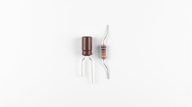 Realistic capacitor and resistor components for physics and electronics concept on white background