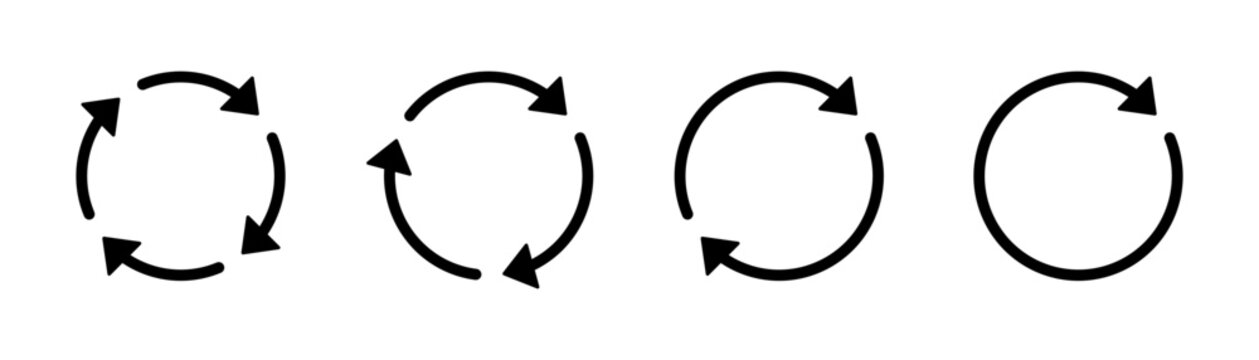 Circular arrow icon set PNG, SVG. 1, 2, 3, 4 rotating arrows for refresh, reload, repeat, redo, recycle, sync, loop, loading, circular process, and rotation symbols vector.