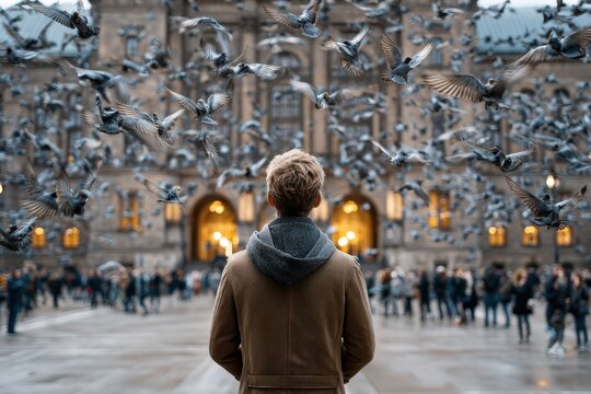 Crowds gather at a historic square as a man watches flocks of pigeons take flight