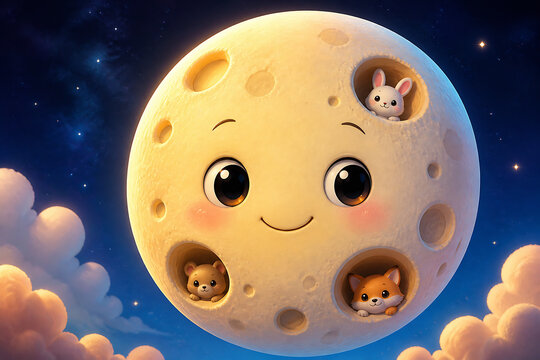 A cute, smiling moon with small animal friends on its surface floats above a cloudy night sky.