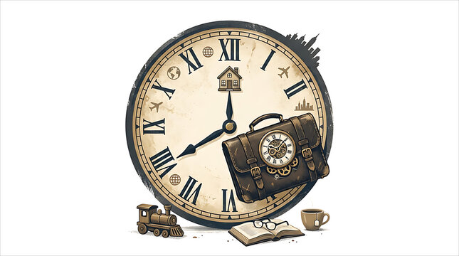 Vintage clock face featuring a leather briefcase, train, book, and coffee cup, symbolizing time management, daily routine, commuting, and work-life schedules.