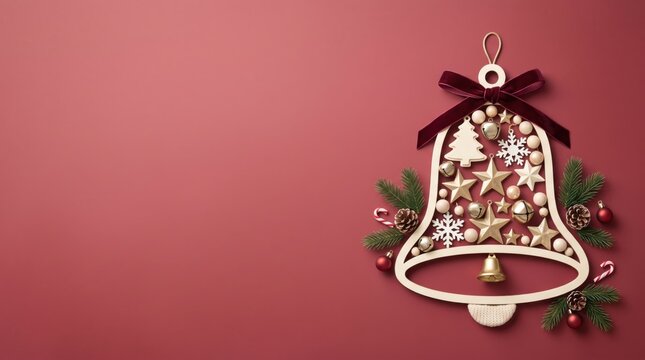 Christmas ornament flat lay: a decorative bell filled with golden stars, snowflakes, and berries on a vibrant red background with ample copy space.