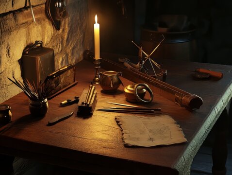 Documentary Medieval Mapmaker Workbench With Navigation Instruments