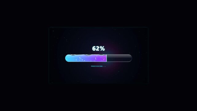 3D Liquid Glass Loading Bar Animation from 0 to 100 Percent Completed, Neon Cyberpunk UI UX Motion Graphic, Futuristic Progress Indicator, Digital Technology and 4K
