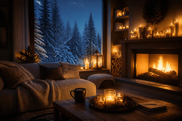 Fototapeta premium A cozy living room scene with a fireplace, warm lighting from candles and the fire, and a comfortable sofa overlooking a snowy forest.