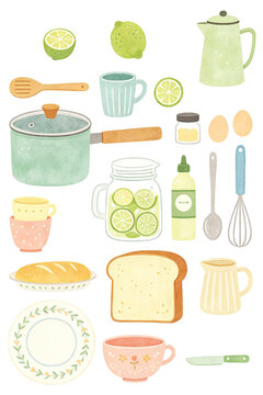 Watercolor kitchen utensils set, hand drawn cooking tools and food illustration. Ideal for recipe cards, menu, cookbook, sticker pack, home decor, food blog design.