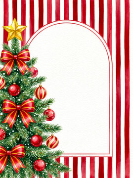 Watercolor Christmas tree with red bows and gold star, red striped background and blank arch frame