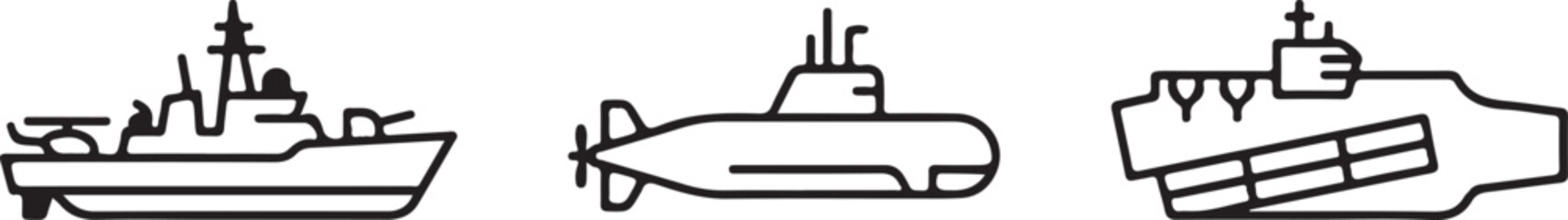 Fototapeta premium Naval defense icon set featuring military warships and submarine silhouettes