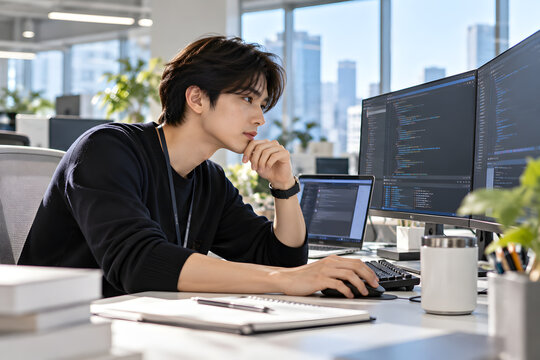 Software Developer Coding at Multi Monitor Workstation in Modern Office