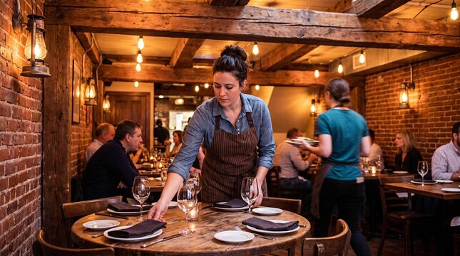 Waitress setting wine glasses on table in cozy brick restaurant, hospitality staff evening service