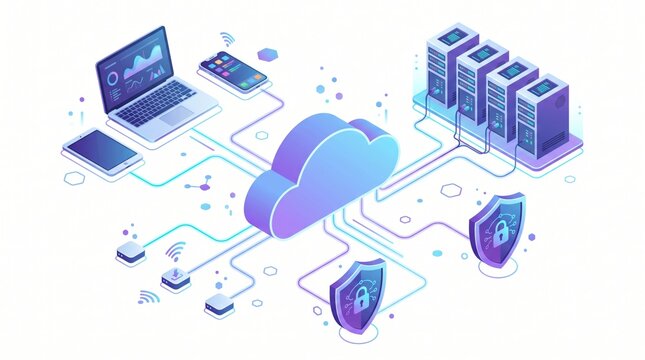 Isometric cloud computing network illustration featuring servers, laptops, shields, and glowing digital connections with security elements