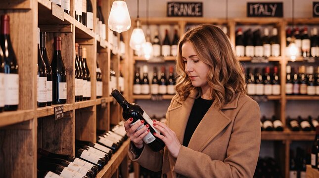 Woman examining wine bottle label in wine shop, sommelier selecting bottle from wine cellar