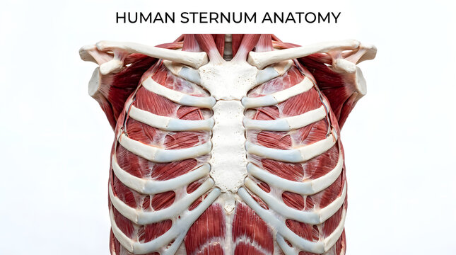 Detailed human sternum anatomy with ribs and muscle fibers clearly visible, showcasing medical science and healthcare