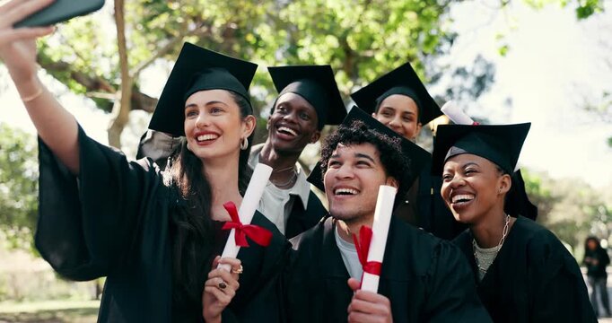 Happy, friends and diploma selfie for graduation, degree completion and event vlog for memory. People, graduate or photo with scroll for PHD ceremony, profile picture or funny face for shared success