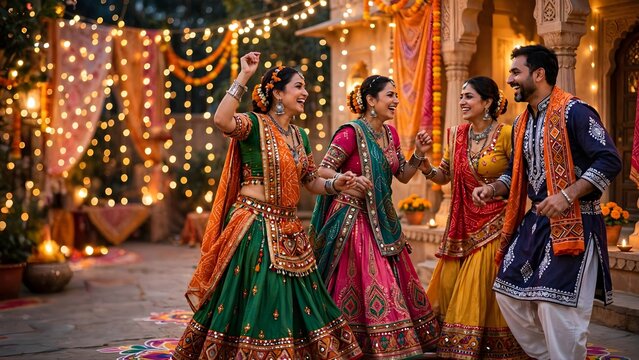 People Celebrating Garba Festival in Traditional Gujarati Dress