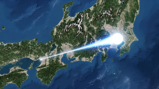 日本列島を俯瞰する衛星視点と大阪から東京へ光が移動するネットワーク背景