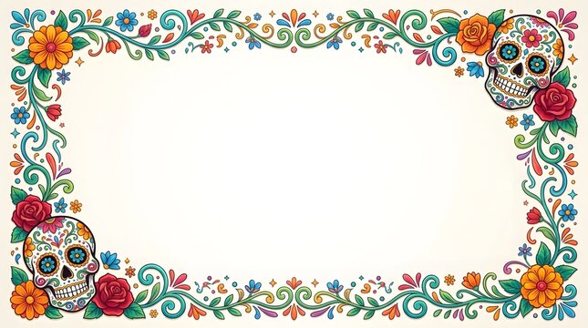 Decorative frame with sugar skulls and colorful flowers for holiday design