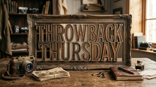 Throwback Thursday Vintage Wooden Sign with Retro Cameras on Desk
