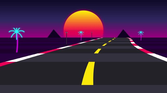 Synthwave Endless Highway 4K UHD Retro 80s OutRun Pseudo 3D Curved Road Wireframe Neon Sunset Cyberpunk Arcade Background 